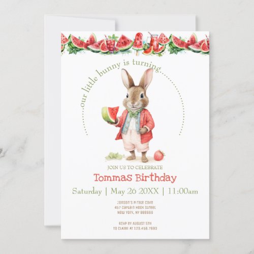 Watercolor Bunny with Watermelon Birthday Invitation