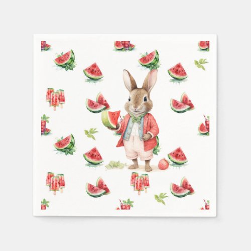 Watercolor Bunny with Watermelon Birthday Napkins