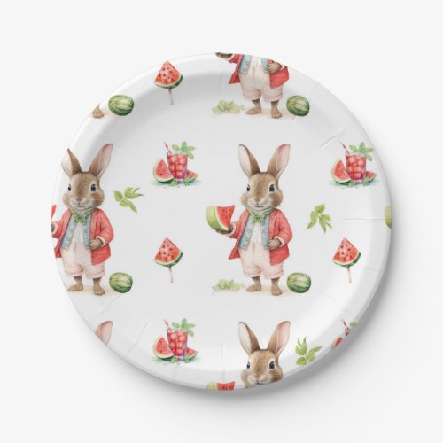 Watercolor Bunny with Watermelon Birthday Paper Pl Paper Plates