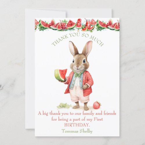 Watercolor Bunny with Watermelon Birthday Thank You Card