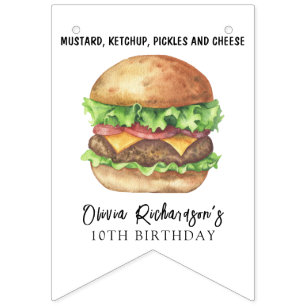 Watercolor Burger Party Birthday Bunting Flags