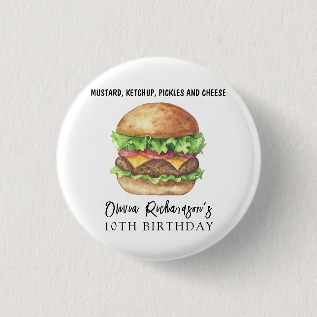 Watercolor Burger Party Birthday Button (Front)