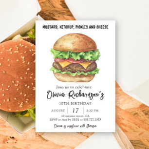 Watercolor Burger Party Birthday Invitation