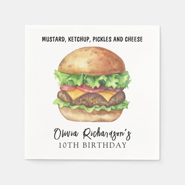 Watercolor Burger Party Birthday Napkins (Front)