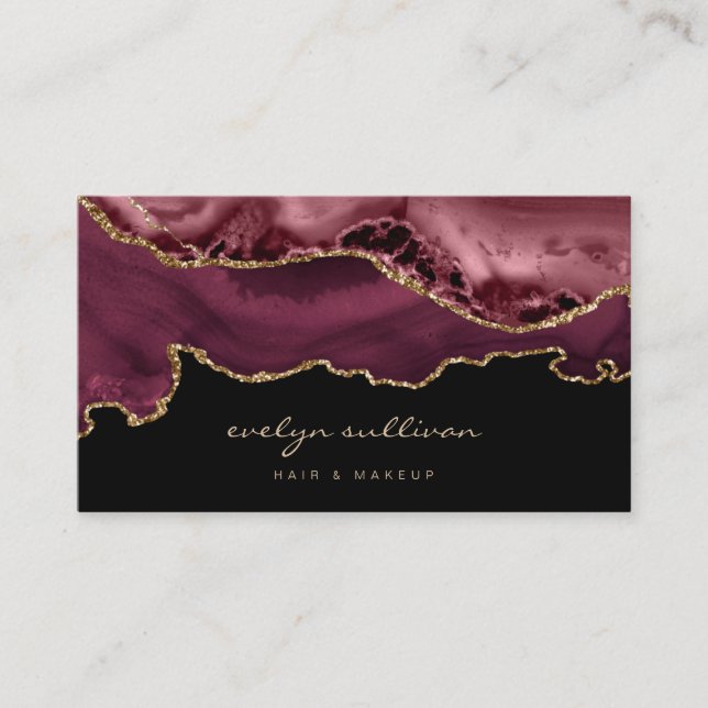 watercolor burgundy agate on black business card (Front)