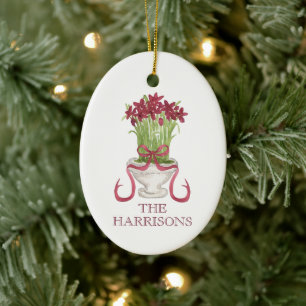 Watercolor Burgundy Amaryllis Christmas Ceramic Ornament