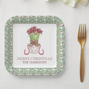 Watercolor Burgundy Amaryllis Christmas Paper Plates