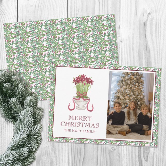 Watercolor Burgundy Amaryllis Christmas Photo Holiday Card (Creator Uploaded)