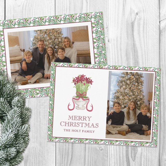 Watercolor Burgundy Amaryllis Christmas Photo Holiday Card (Creator Uploaded)
