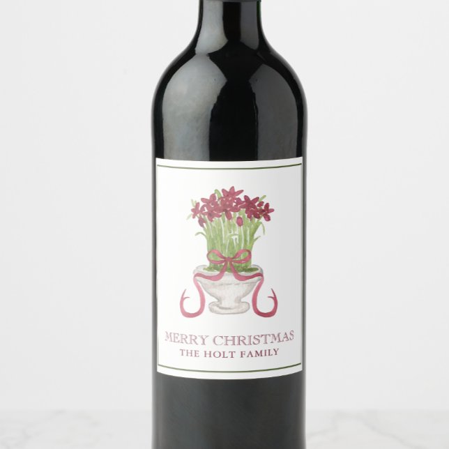 Watercolor Burgundy Amaryllis Christmas Wine Label (Creator Uploaded)