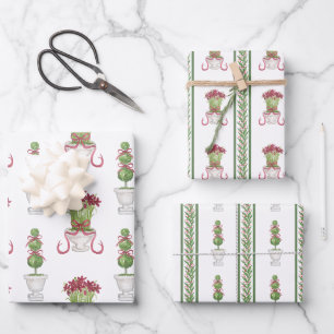 Watercolor Burgundy Amaryllis & Topiary Christmas Wrapping Paper Sheets