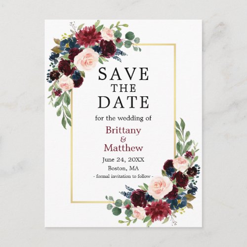Watercolor Burgundy and Blue Floral Save the Date Postcard