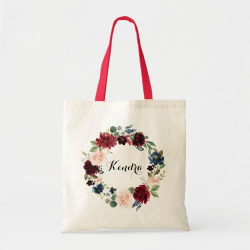 Watercolor Burgundy and Blue Floral Wreath Autumn Tote Bag