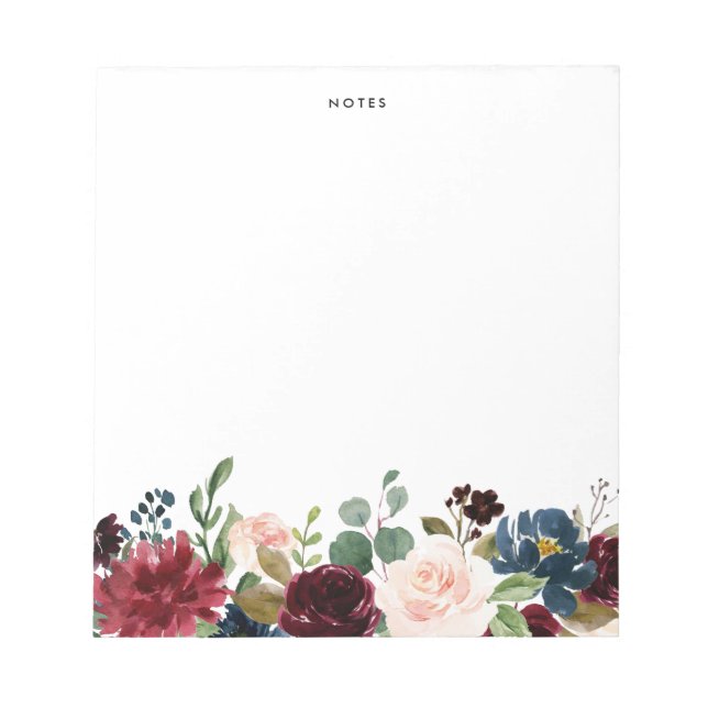 Watercolor Burgundy and Blue Flowers Garland Notepad (Front)
