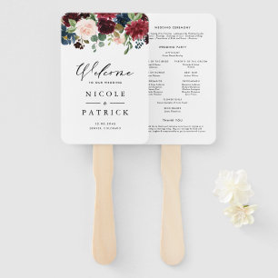 Watercolor Burgundy and Blue Flowers Wedding Hand Fan
