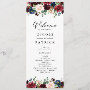 Watercolor Burgundy and Blue Flowers Wedding Program