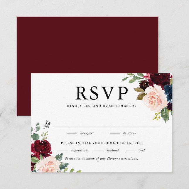 Watercolor Burgundy and Blue Flowers Wedding RSVP Card (Front/Back)