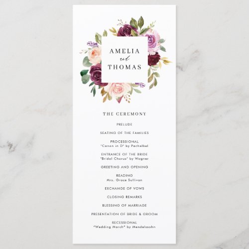 Watercolor Burgundy and Blush Fall Floral Wedding Program