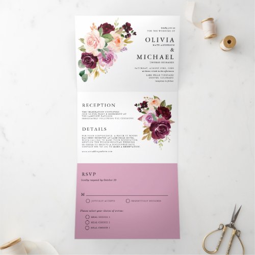 Watercolor Burgundy and Blush Florals Fall Wedding Tri_Fold Invitation