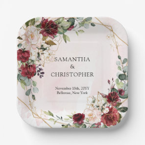 Watercolor burgundy and blush gold wedding paper plates