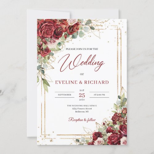 Watercolor burgundy and blush roses eucalyptus invitation