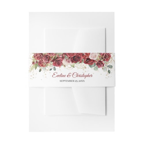 Watercolor burgundy and blush roses eucalyptus invitation belly band