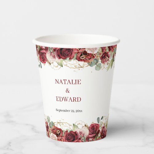 Watercolor burgundy and blush roses eucalyptus paper cups