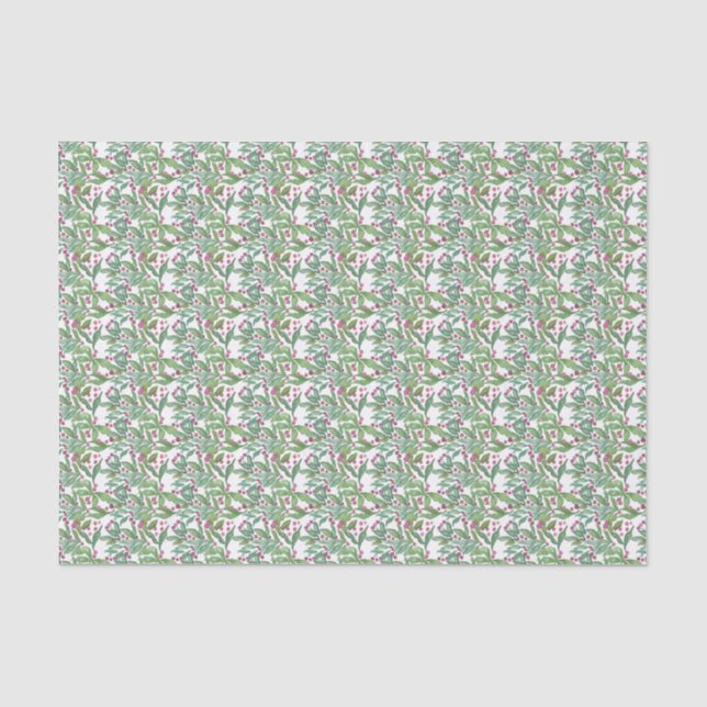 Watercolor Burgundy and Green Holly Christmas Tissue Paper (Front)