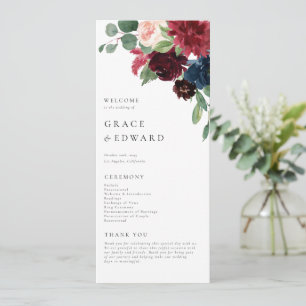 Watercolor Burgundy and Navy Blue Floral Wedding Program