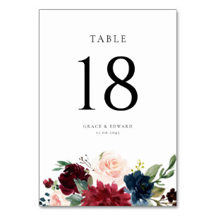 Watercolor Burgundy and Navy Blue Floral Wedding Table Number