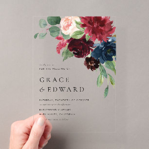 Watercolor Burgundy and Navy Blue Flowers Wedding Acrylic Invitations