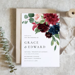 Watercolor Burgundy and Navy Blue Flowers Wedding Invitation