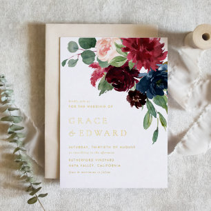 Watercolor Burgundy and Navy Botanical Wedding Foil Invitation