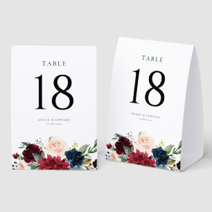 Watercolor Burgundy and Navy Botanical Wedding Paper Table Tent