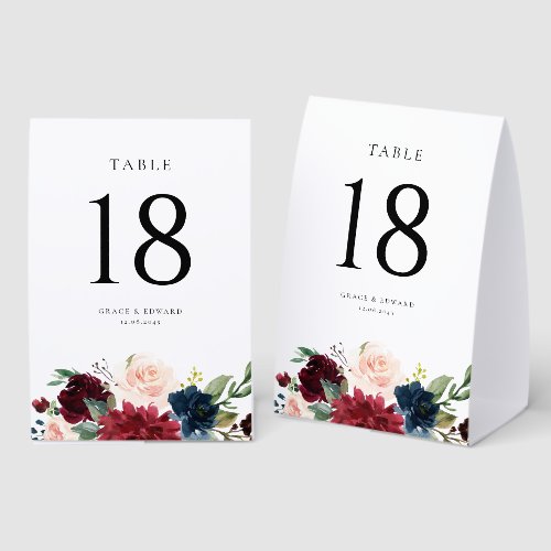 Watercolor Burgundy and Navy Botanical Wedding Paper Table Tent