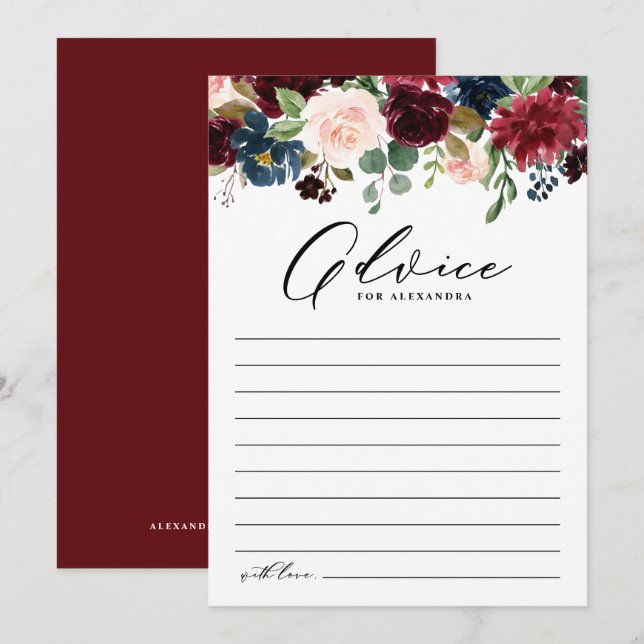 Watercolor Burgundy and Navy Flowers Bridal Shower Advice Card (Front/Back)