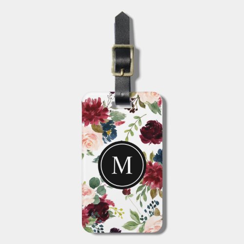 Watercolor Burgundy and Navy Flowers Monogram Luggage Tag