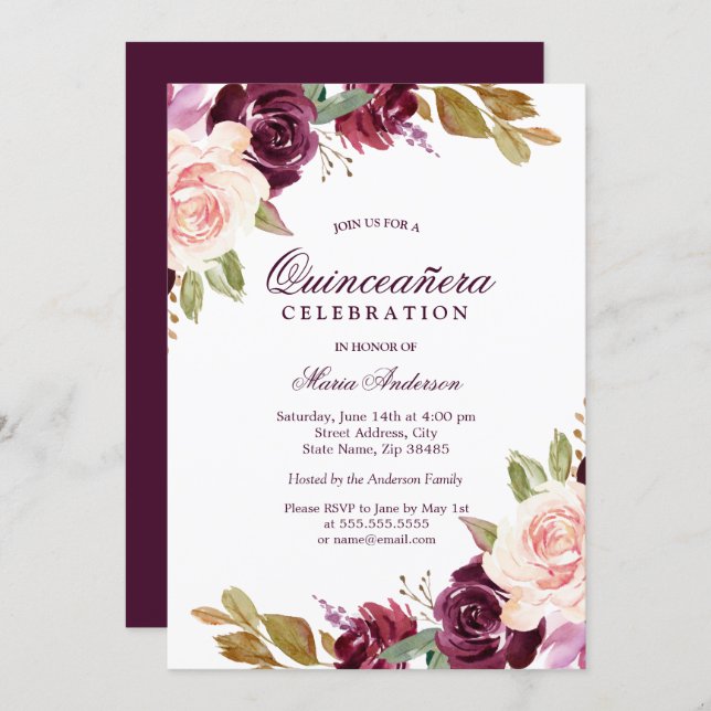 Watercolor Burgundy Berry Blush Quinceanera Party Invitation (Front/Back)