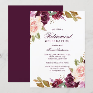 Watercolor Burgundy Berry Blush Retirement Party Invitation
