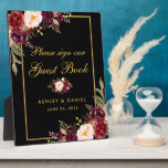 Watercolor Burgundy Black Gold Wedding Guestbook Plaque<br><div class="desc">Watercolor Floral Burgundy Black & Gold Wedding Guestbook Table Plaque</div>