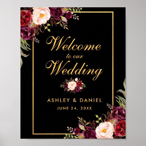 Watercolor Burgundy Black Gold Wedding Welcome Poster