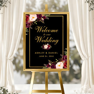 Watercolor Burgundy Black Gold Wedding Welcome Poster