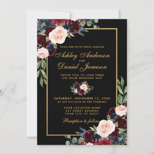 Watercolor Burgundy Blue Floral Black Gold Wedding Invitation