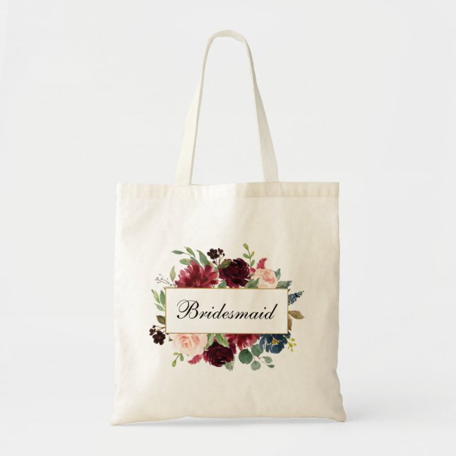 Watercolor Burgundy Blue Floral Bridesmaid Tote Bag (Front)