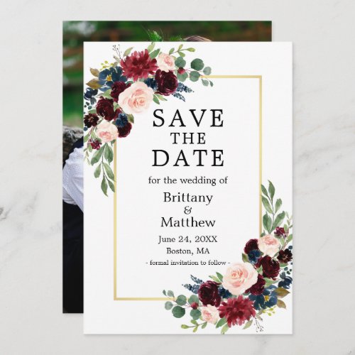 Watercolor Burgundy Blue Floral Gold Frame Photo Save The Date