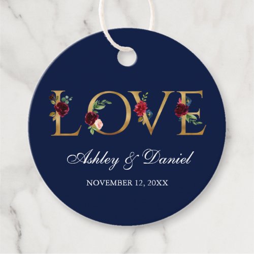 Watercolor Burgundy Blue Floral Gold Love Wedding Favor Tags