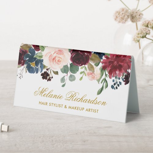 Watercolor Burgundy Blue Floral Gold Name Sign