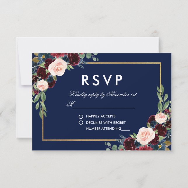 Watercolor Burgundy Blue Floral Gold RSVP Card (Front)