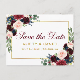 Watercolor Burgundy Blue Floral Gold Save The Date Announcement Postcard