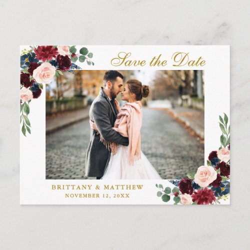 Watercolor Burgundy Blue Floral Gold Save the Date Announcement Postcard